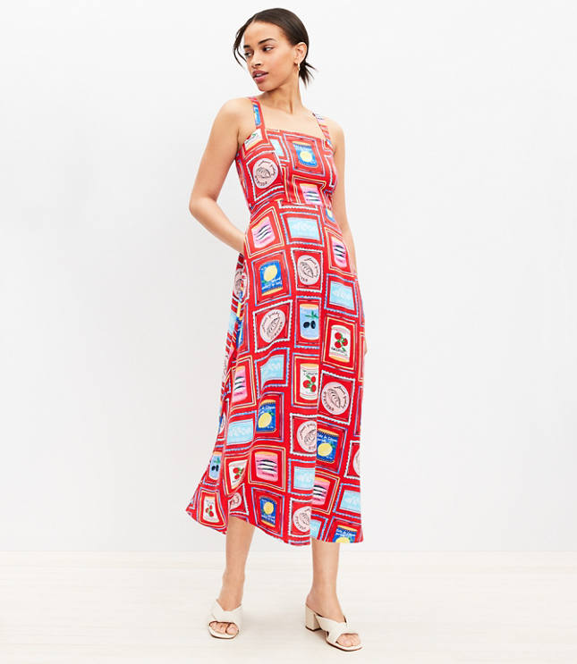 Can Print Linen Blend Strappy Midi Dress