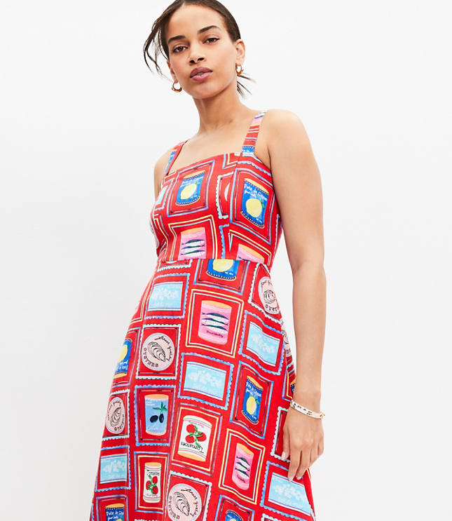 Can Print Linen Blend Strappy Midi Dress