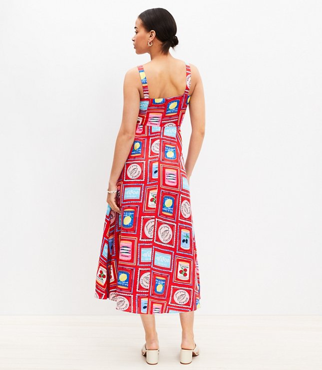 Can Print Linen Blend Strappy Midi Dress