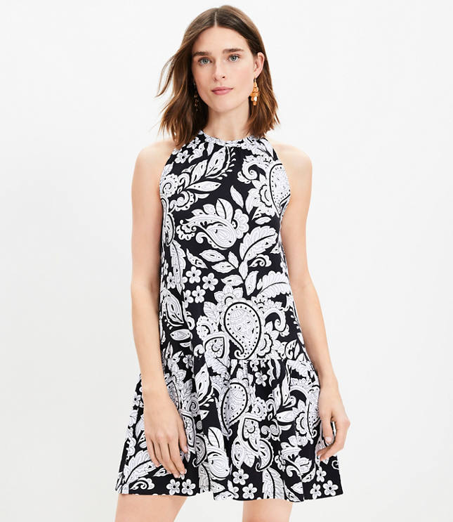 Petite Jacquard Button V-Neck Swing Dress