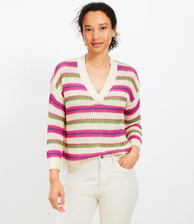 Stripe Relaxed V-Neck Sweater - Silver Heather Grey