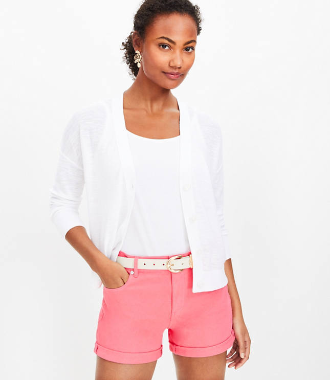 Petite Mid Rise Denim Roll Shorts in Fresh Guava