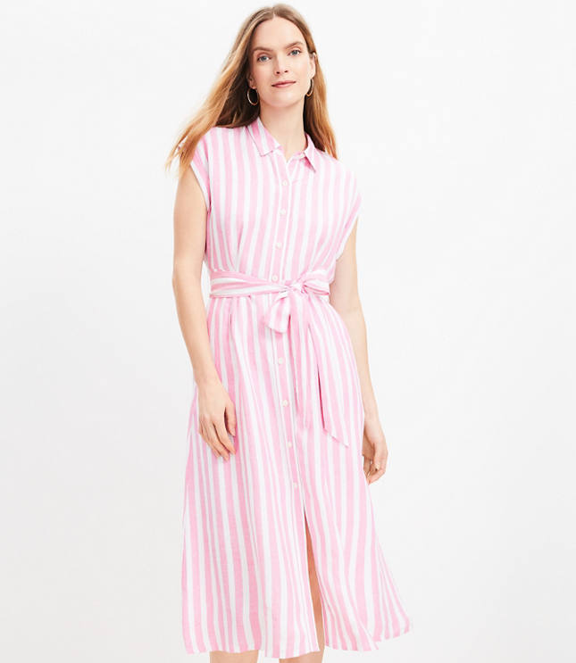 Petite Poppy Stripe Linen Blend Pocket Midi Shirtdress