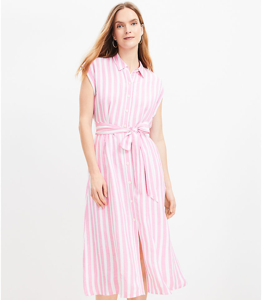 Petite Poppy Stripe Linen Blend Pocket Midi Shirtdress