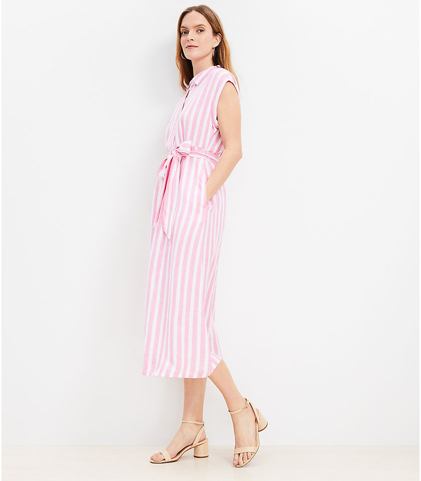 Petite Poppy Stripe Linen Blend Pocket Midi Shirtdress