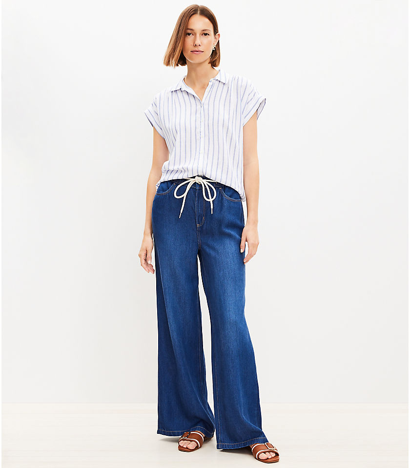 Petite Pull On High Rise Palazzo Jeans in Dark Wash