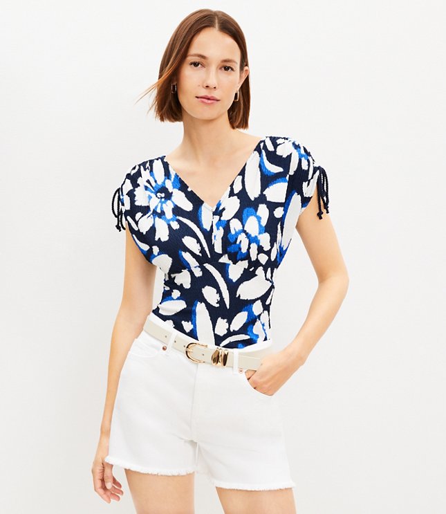 Petite Brushed Daisy Ruched V-Neck Top
