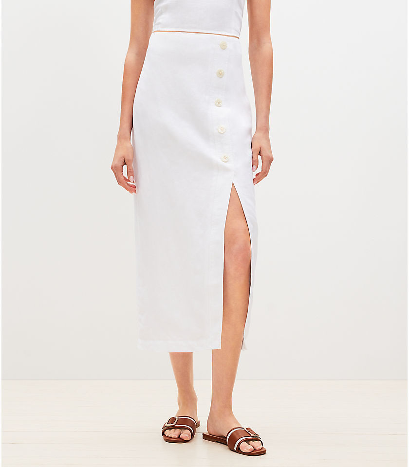 Linen Blend Button Trim Midi Skirt
