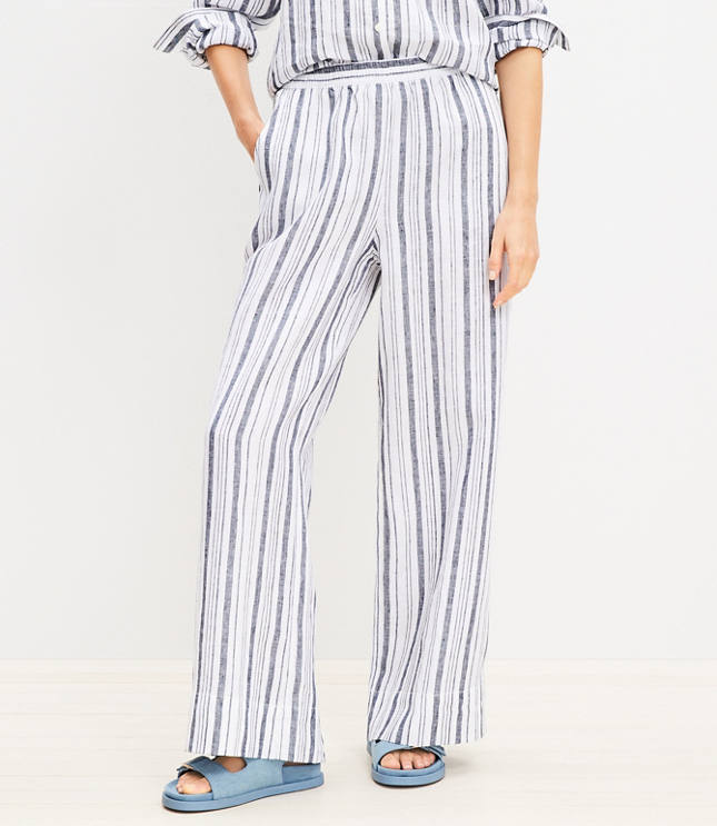 Petite Pull On Wide Leg Pants in Striped Linen