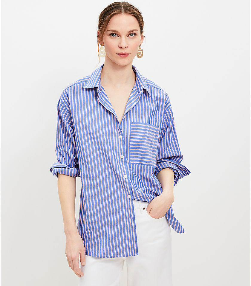 Petite Striped Cotton Blend Oversized Pocket Shirt