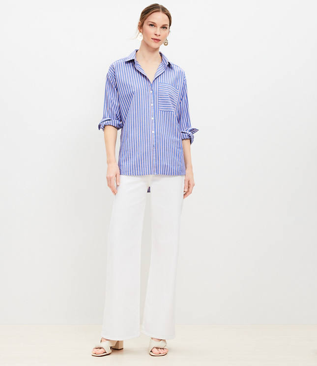 Petite Striped Cotton Blend Oversized Pocket Shirt