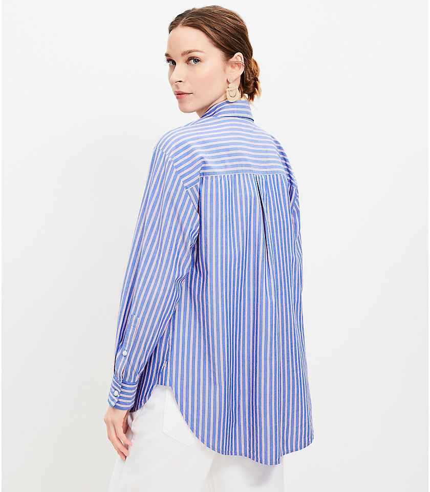 Petite Striped Cotton Blend Oversized Pocket Shirt