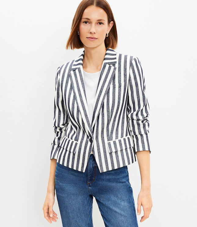 Petite Striped Linen Blend Modern Blazer - White