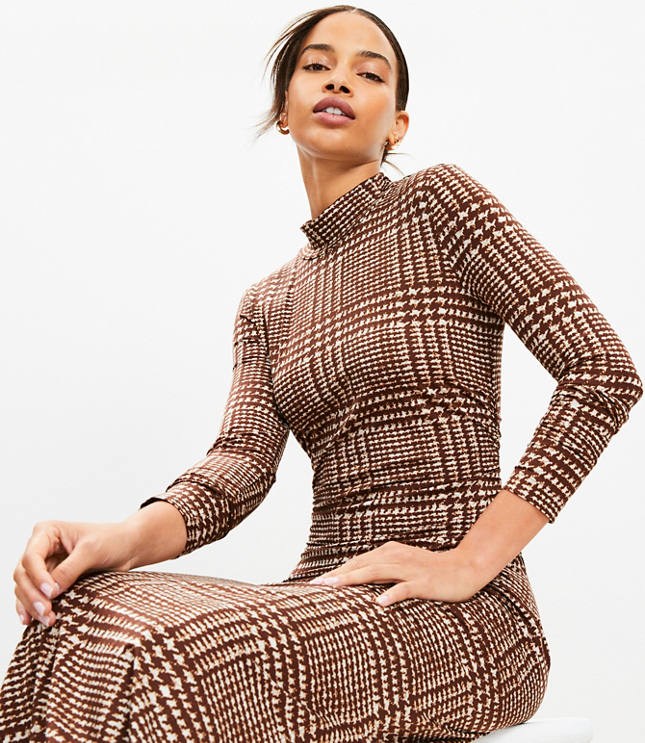 Houndstooth Mock Neck Midi Dress