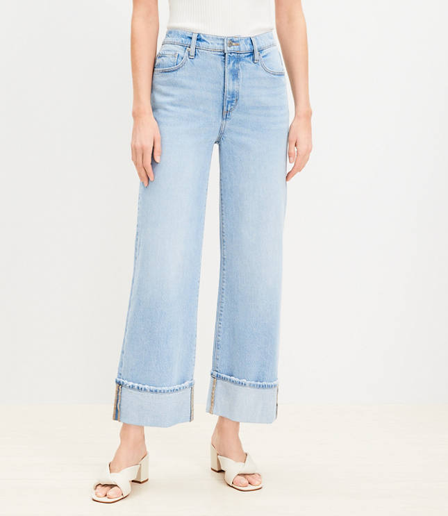 Flip Cuff High Rise Wide Leg Crop Jeans Light Wash