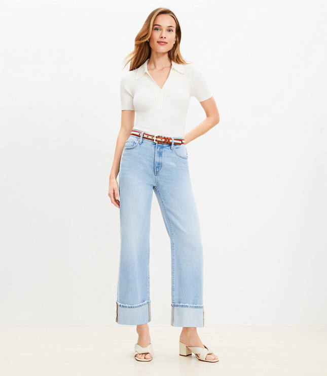 Flip Cuff High Rise Wide Leg Crop Jeans in Light Wash