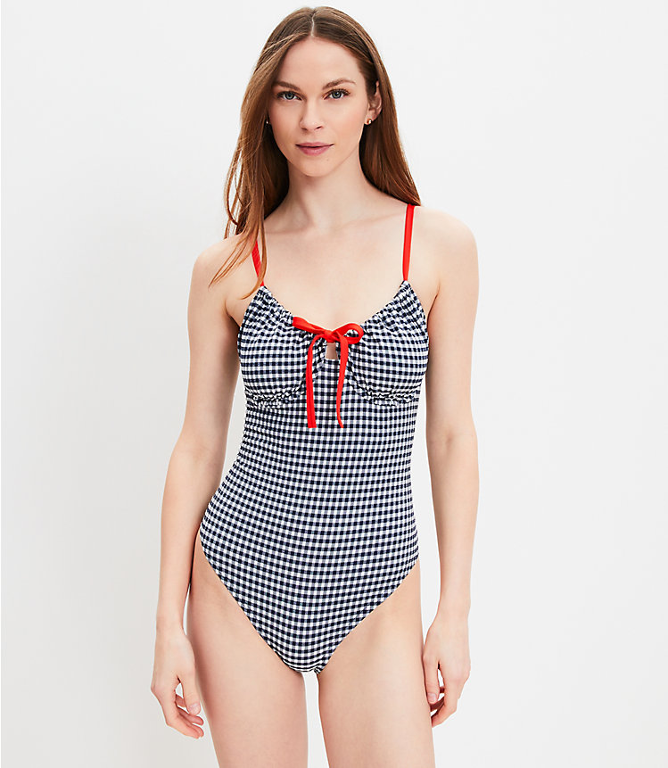 LOFT Beach Gingham Front Tie Keyhole One Piece Swimsuit image number 0