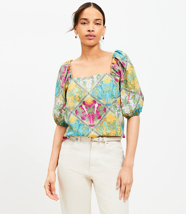 Petite Paisley Ruffle Yoke Tie Neck Top