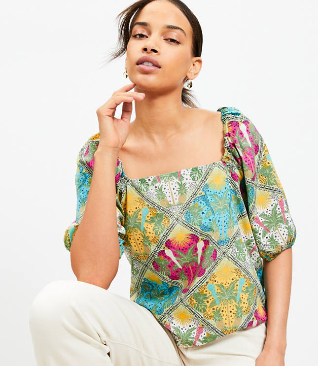 Petite Paisley Ruffle Yoke Tie Neck Top