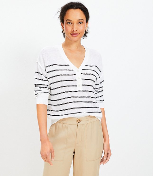 Petite Stripe Textured Stitch Henley Sweater