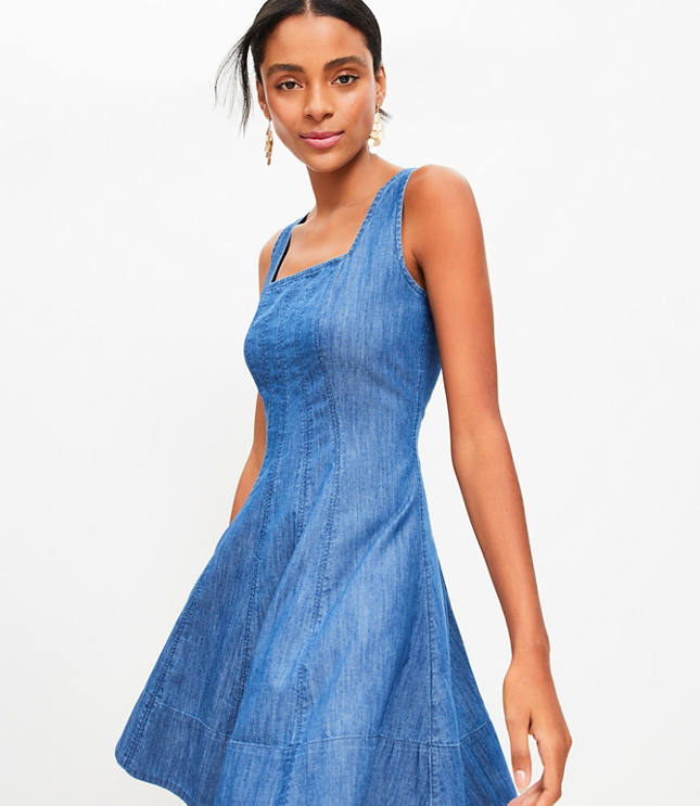 Petite Chambray Seamed Mini Flare Dress