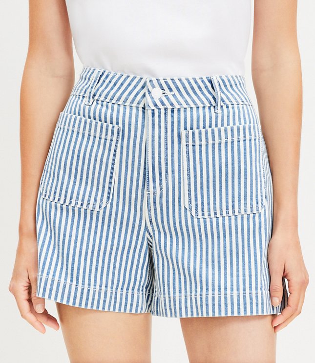 Petite High Rise Paperbag Pull On Denim Shorts in Stripe