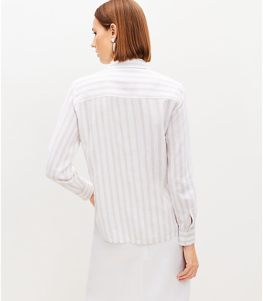 Petite Striped Tie Front Linen Blend Shirt