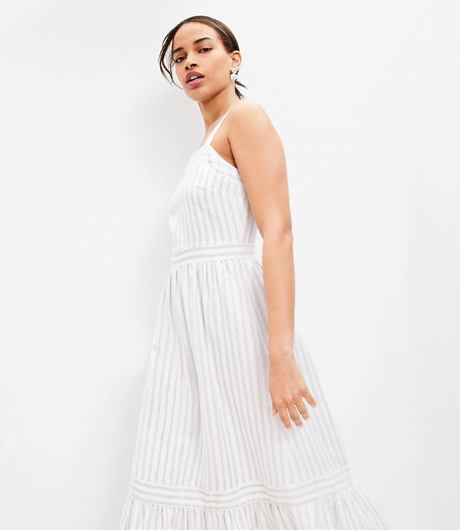 Shimmer Striped Linen Blend Square Neck Midi Dress