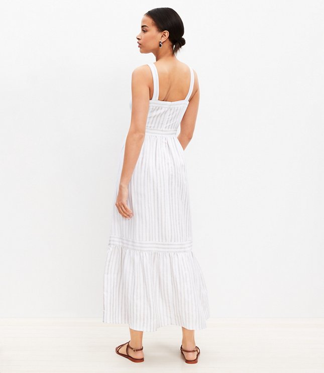 Striped Linen Blend Square Neck Midi Dress