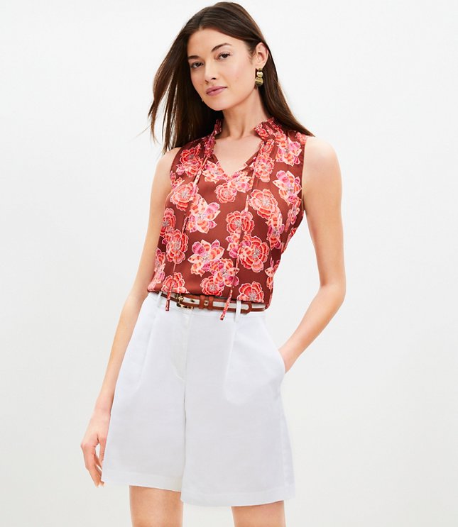 Petite Textured Floral Pleated Ruffle Shell