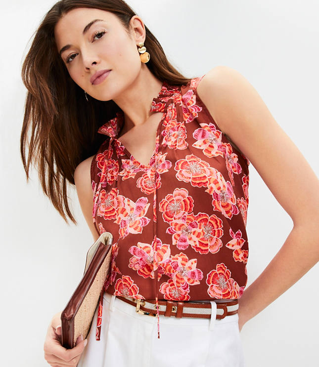 Petite Textured Floral Pleated Ruffle Shell