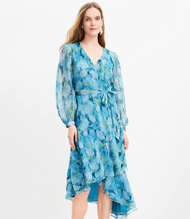 Petite Shimmer Floral Ikat Ruffle Wrap Dress