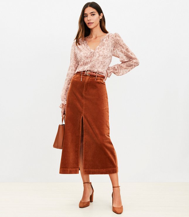 Corduroy Front Slit Midi Skirt