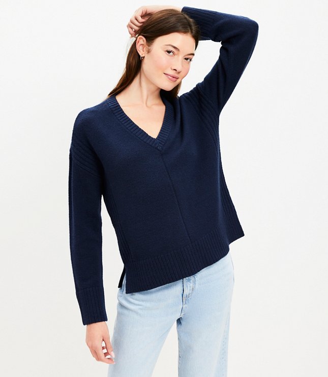 Rib Trim Wide Sleeve V-Neck Sweater