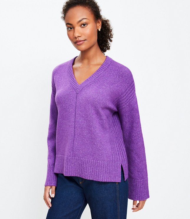 Rib Trim Wide Sleeve V-Neck Sweater