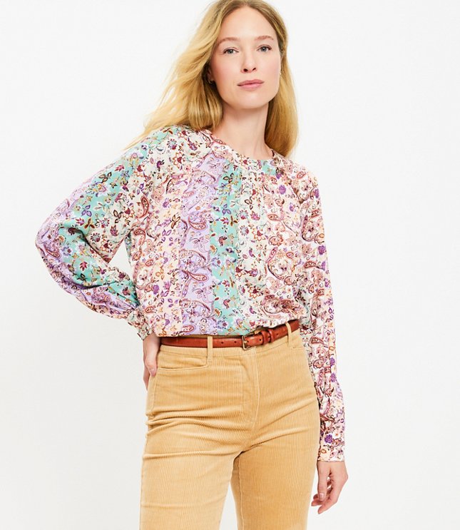 Herringbone Paisley Button Raglan Blouse