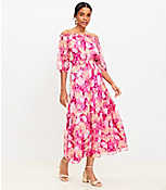 Floral Ikat Clip Balloon Sleeve Off The Shoulder Midi Dress carousel Product Image 1