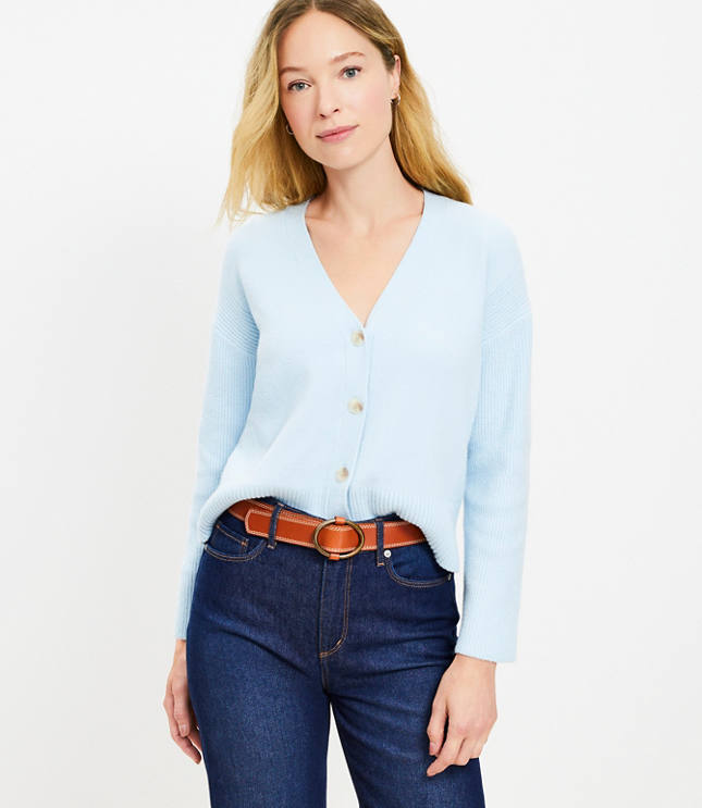 Ribbed Sleeve V-Neck Cardigan - Aqua Glaze