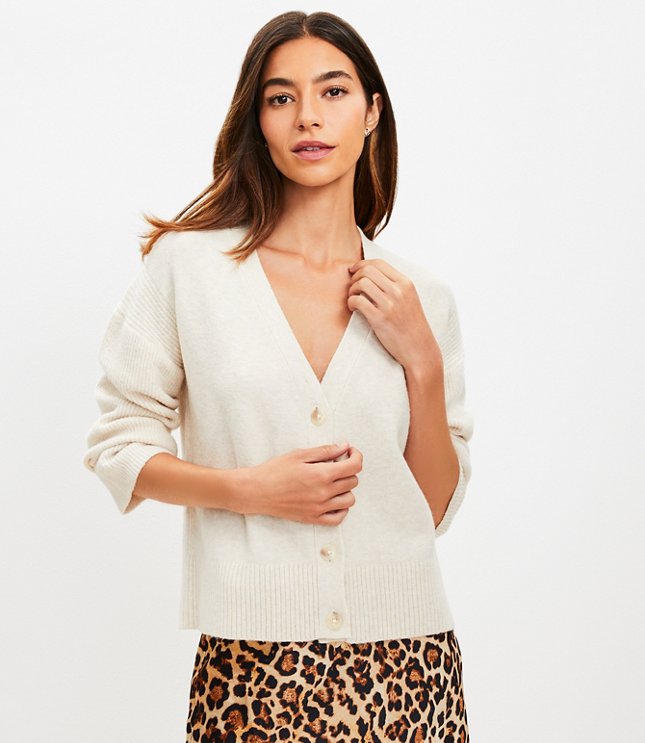 Ribbed Sleeve V-Neck Cardigan - Pale Pearl Heather