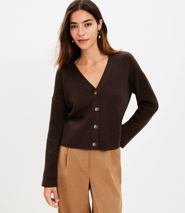 Ribbed Sleeve V-Neck Cardigan - Iced Espresso