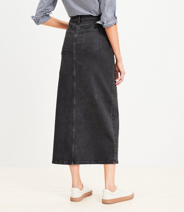 Denim Front Slit Pocket Midi Skirt Washed Black