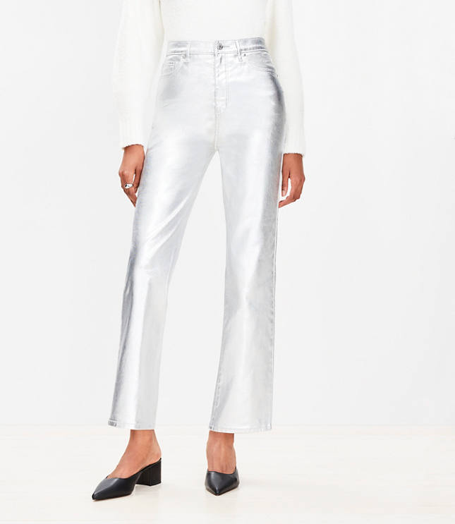 Coated High Rise Straight Jeans Silver Metallic