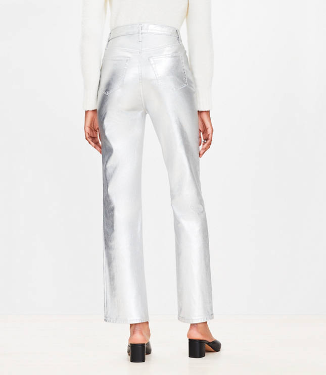 Coated High Rise Straight Jeans Silver Metallic