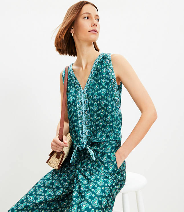 Petite Floral Medallion Tie Front V-Neck Shell