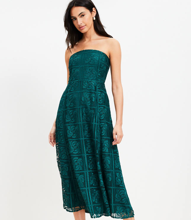 Floral Lace Strapless Midi Dress - Emerald Essence