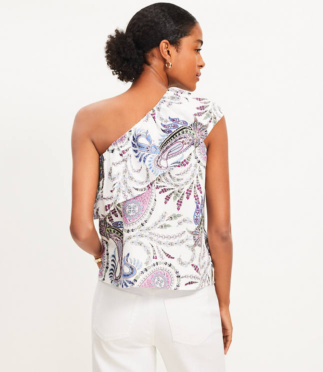 Paisley Linen Blend Ruffle One Shoulder Top