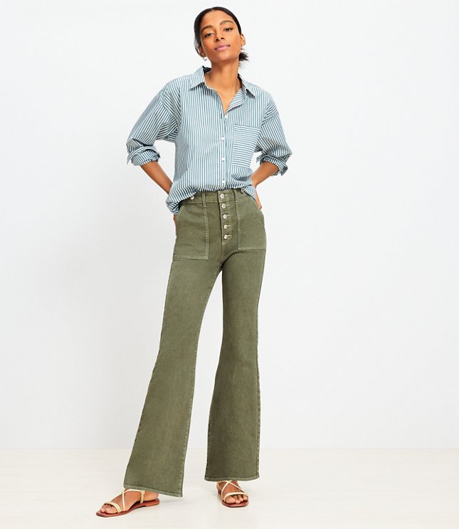 High Rise Relaxed Utility Flare Jeans in Evening Olive