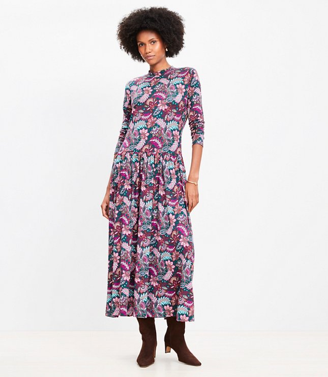 Paisley Jersey Mock Neck Midi Dress