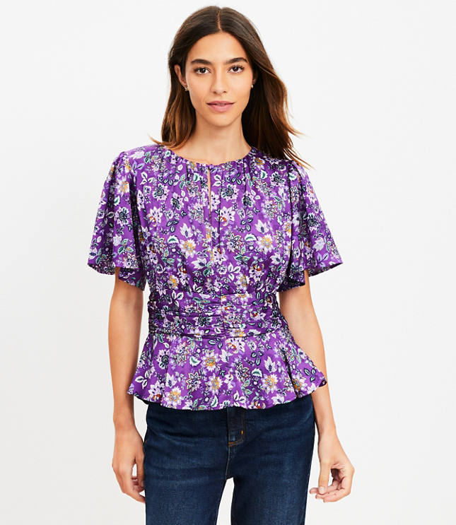 Floral Jacquard Gathered Peplum Top