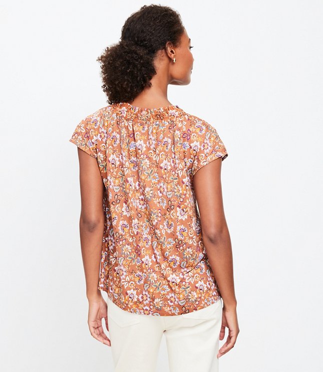 Floral Ruffle Tie Neck Mixed Media Top